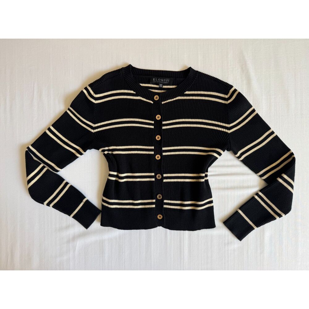 Eloquii Black & Cream Striped Knit Cardigan | 100% Cotton | Size 14/16
